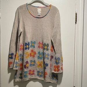 Amano Beige HandKnit  Multi Colored Floral Nd Crew Neckline Sweater or Tunic
